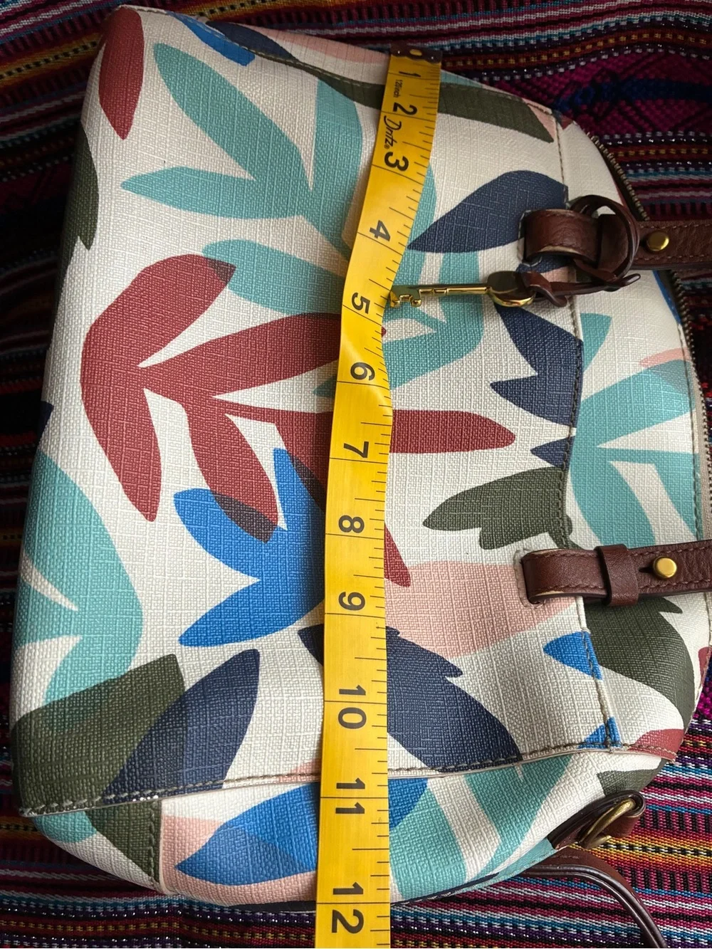 Fossil Multicolor Leaf-Print Satchel with Brown Trim